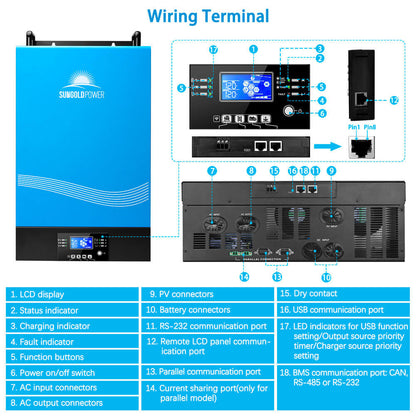 6000W 48V Hybrid Solar Inverter Split Phase 120/240VAC Grid Feedback & Batteryless - TP6048