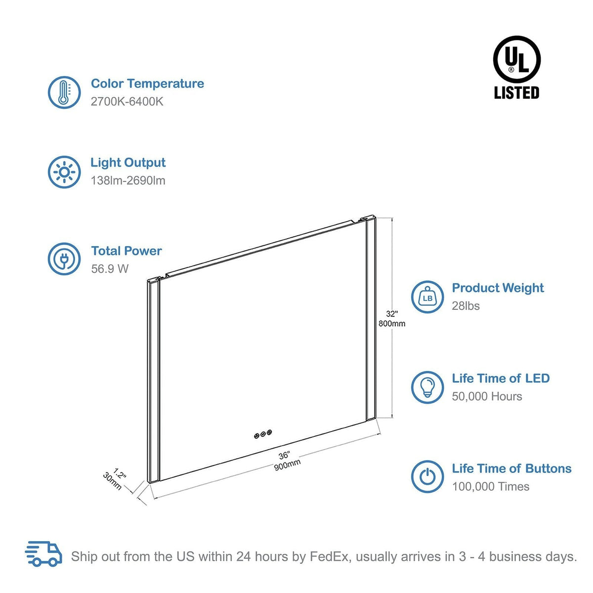 Blossom Binary 36″ LED Mirror - LED M5 3632 CH - Backyard Provider